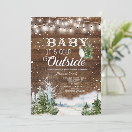 クリスマスウッドランド外のベビーシャワーは寒い 招待状 (スタンド正面)