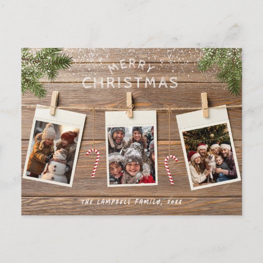 クリスマスウッド素朴ロープフォトコラージュ シーズンポストカード (正面)