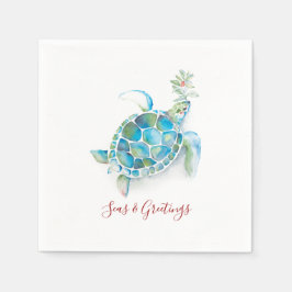 クリスマスウミガメ水彩海&グリーティング スタンダードカクテルナプキン