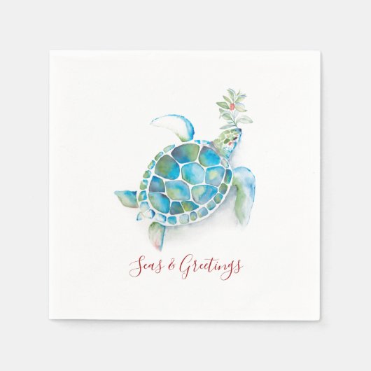 クリスマスウミガメ水彩海&グリーティング スタンダードカクテルナプキン (正面)