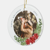 クリスマスエバーグリーンとポインセチアの写真 セラミックオーナメント (左)