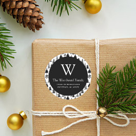 クリスマスエバーグリーンツリーブラックアンドホワイトアドレス ラウンドシール