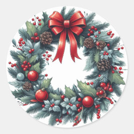 クリスマスエバーグリーンリースグリーティングカード ラウンドシール