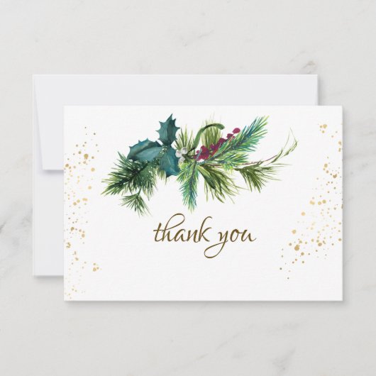 クリスマスエバーグリーンレッド金ゴールド冬の結婚式 サンキューカード (正面)