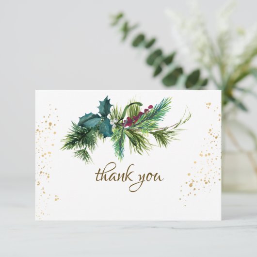 クリスマスエバーグリーンレッド金ゴールド冬の結婚式 サンキューカード (スタンド正面)