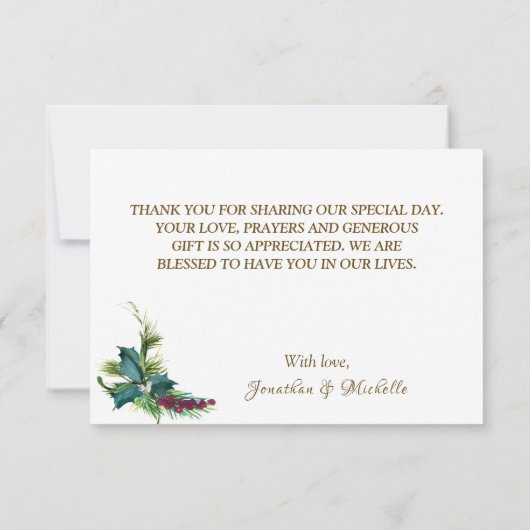 クリスマスエバーグリーンレッド金ゴールド冬の結婚式 サンキューカード (裏面)