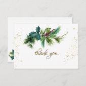 クリスマスエバーグリーンレッド金ゴールド冬の結婚式 サンキューカード (正面/裏面)