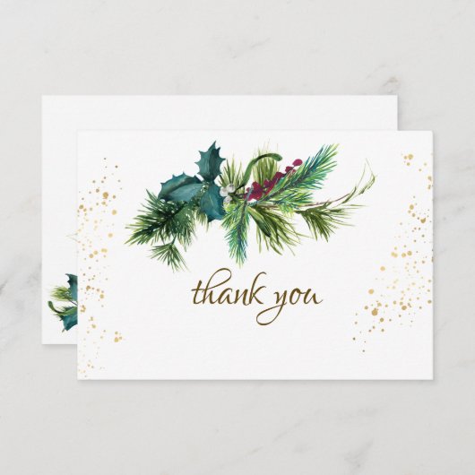 クリスマスエバーグリーンレッド金ゴールド冬の結婚式 サンキューカード (正面/裏面)