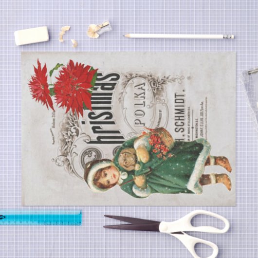 クリスマスエフェメラと可愛い女の子の子犬のデコップページ 薄葉紙 (クラフト)