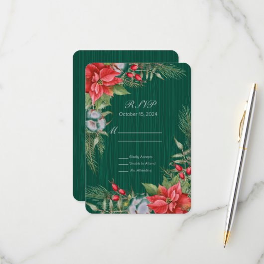 クリスマスエメラルドグリーンポインセチア 出欠カード (正面/裏面インサイチュ)