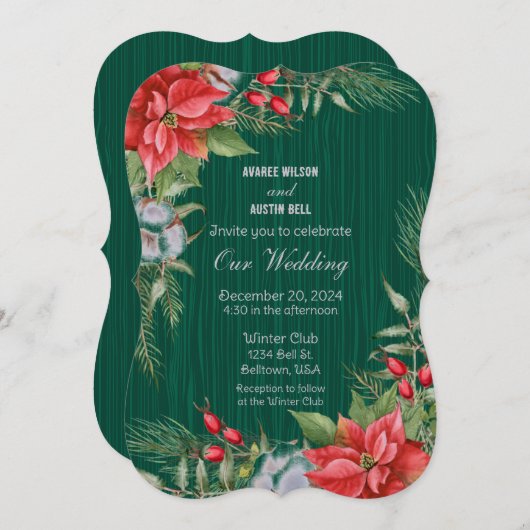 クリスマスエメラルドグリーンポインセチア 招待状 (正面/裏面)