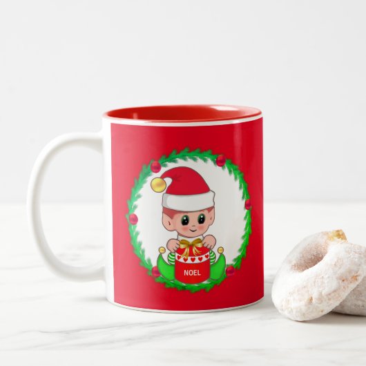 クリスマスエルのモミのリース飾り ツートーンマグカップ (ドーナツ)