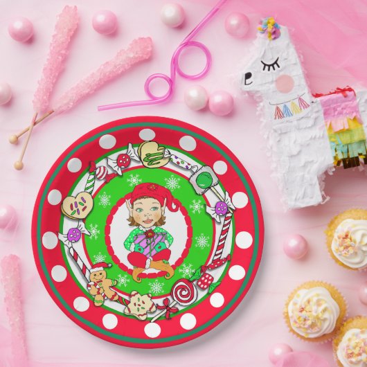 クリスマスエルフお洒落キャンディ水玉模様 ペーパープレート (パーティー)