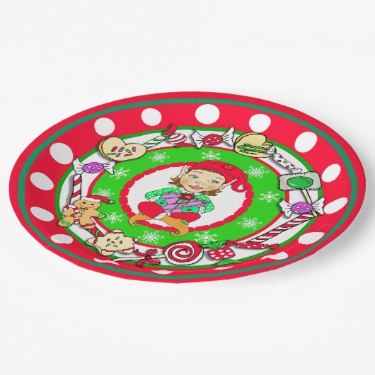 クリスマスエルフお洒落キャンディ水玉模様 ペーパープレート (アングル)