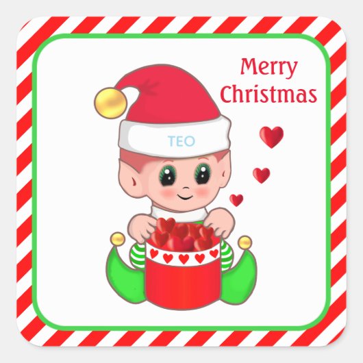 クリスマスエルフとハートと編集可能なテキスト スクエアシール (正面)