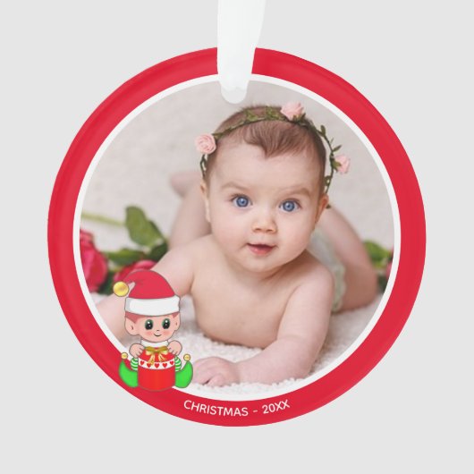 クリスマスエルフと赤ちゃんの写真 オーナメント (正面)