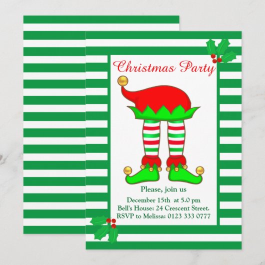 クリスマスエルフのグリーンとホワイトのパーティー招待状 招待状 (正面/裏面)