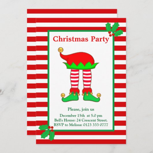 クリスマスエルフの赤と白のパーティー招待状 招待状 (正面/裏面)