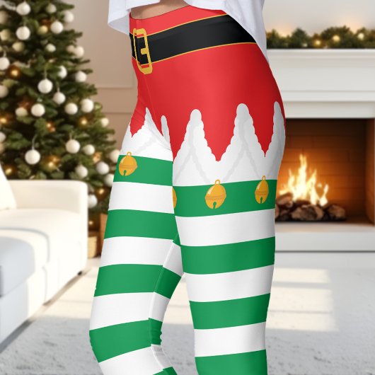 クリスマスエルフの赤と緑のストライプ ホリデー レギンス