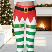 クリスマスエルフの赤と緑のストライプ ホリデー レギンス