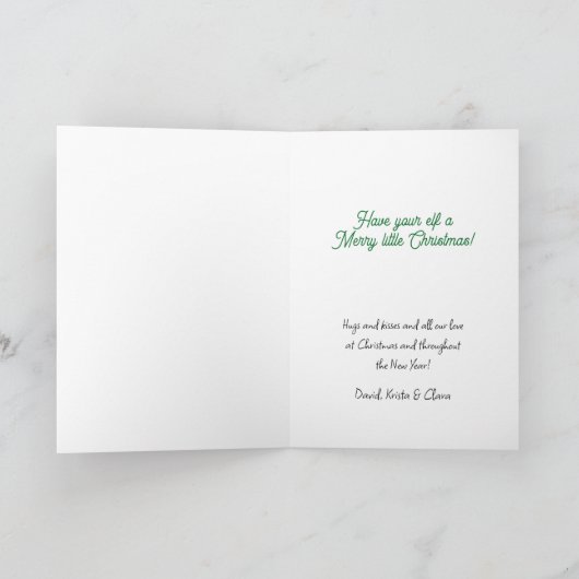 クリスマスエルフィーパーソナライズされたピンク写真クリスマス シーズンカード (内部)