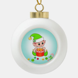 クリスマスエルフ、キャンディケイン、テールブルーのコンフェッティ セラミックボールオーナメント
