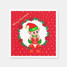 クリスマスエルフ、モミの木のリース、ポインセチアと星 スタンダードカクテルナプキン