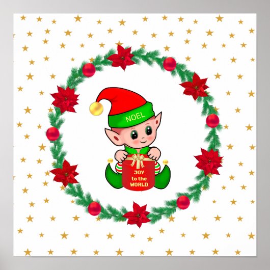 クリスマスエルフ、モミの木のリース、ポインセチアと星 ポスター (正面)