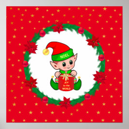 クリスマスエルフ、モミの木のリース、ポインセチアと星 ポスター