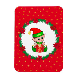 クリスマスエルフ、モミの木のリース、ポインセチアと星 マグネット