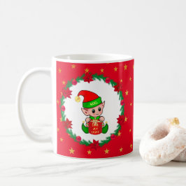 クリスマスエルフ、モミの木のリース、ポインセチア、星 コーヒーマグカップ
