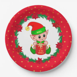 クリスマスエルフ、モミの木のリース、ポインセチア、星 ペーパープレート
