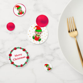 クリスマスエルフ、モミの木のリース。赤いオーナメントと星 コンフェッティ