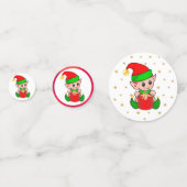 クリスマスエルフ、モミの木のリース。赤いオーナメントと星 コンフェッティ (正面)
