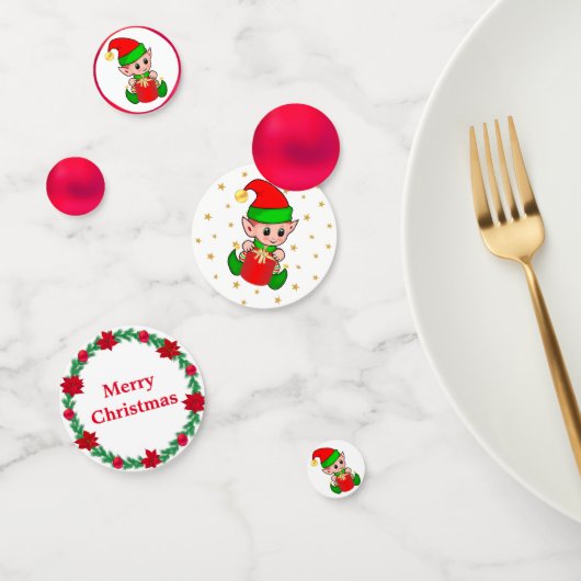 クリスマスエルフ、モミの木のリース。赤いオーナメントと星 コンフェッティ (グループ)