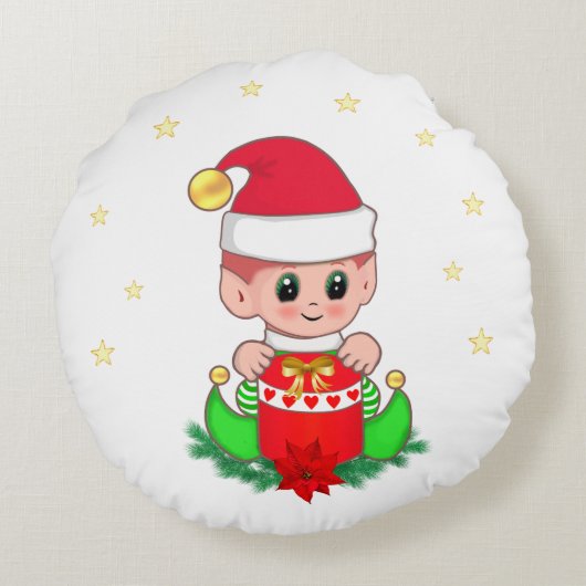 クリスマスエルフ、松、ポインセチアと星 ラウンドクッション (裏面)