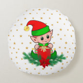 クリスマスエルフ、松、ポインセチアと星 丸型 ラウンドクッション (正面)