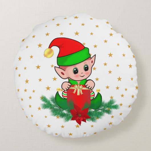クリスマスエルフ、松、ポインセチアと星 丸型 ラウンドクッション (裏面)