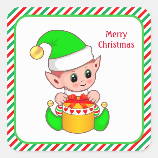 クリスマスエルフ、緑と赤と白のストライプフレーム スクエアシール (正面)