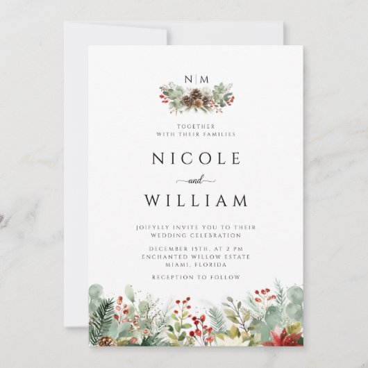 クリスマスエレガントなウェディングウォーターカラー 招待状 (正面)