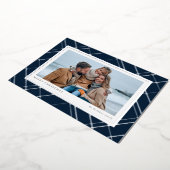 クリスマスエレガントのプレイド海軍の青い一枚の写真 箔シーズンカード (回転した状態)