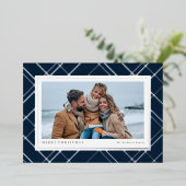クリスマスエレガントのプレイド海軍の青い一枚の写真 箔シーズンカード (立ち正面)