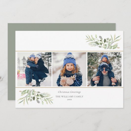 クリスマスエレガントの緑のフローラモダン3枚の写真 シーズンカード (正面/裏面)