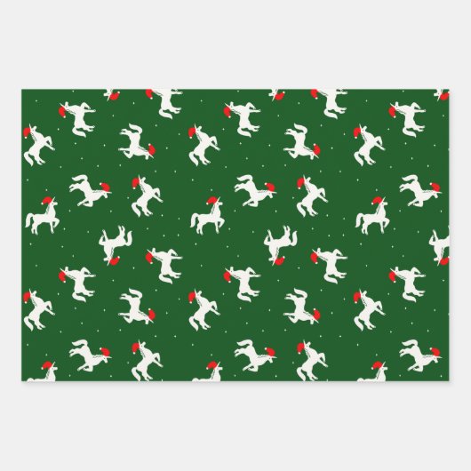 クリスマスエレガントの緑の色のユニコーンのパターン ラッピングペーパーシート (正面3)