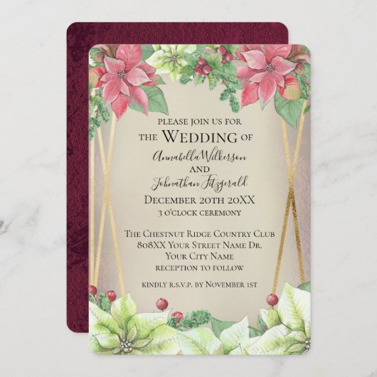 クリスマスエレガントの花と金ゴールドとバーガンディ 招待状 (正面/裏面)