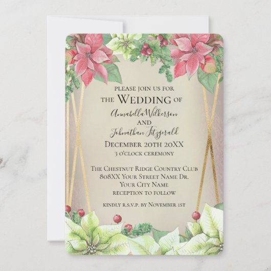 クリスマスエレガントの花と金ゴールドとバーガンディ 招待状 (正面)