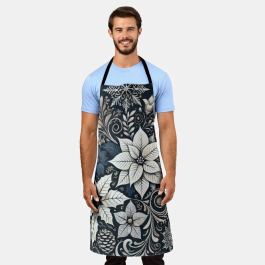 クリスマスエレガントをテーマにした洗練されたポインセチア エプロン (着用した状態)