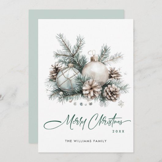 クリスマスエレガントセージ緑のオーナメントグリーティング シーズンカード (正面/裏面)