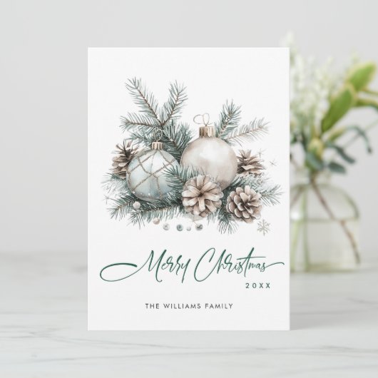 クリスマスエレガントセージ緑のオーナメントグリーティング シーズンカード (スタンド正面)