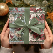 クリスマスエレガントパッチワークキルトと森林動物 ラッピングペーパー